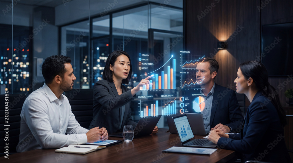 Fototapeta premium Business team analyzing financial data with holographic charts in a modern office boardroom.