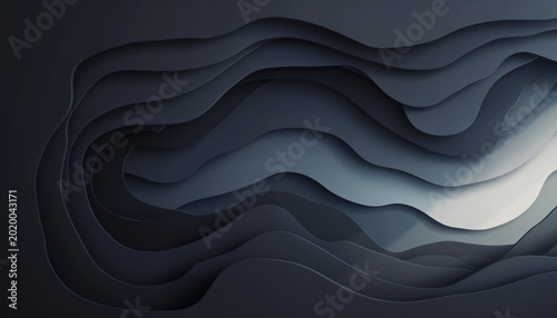 Abstract topographic concept portrayed by layered cutouts of dark charcoal papercraft, capturing incredibly smooth gradients and deep overlapping shadows to form a sophisticated modern background.
