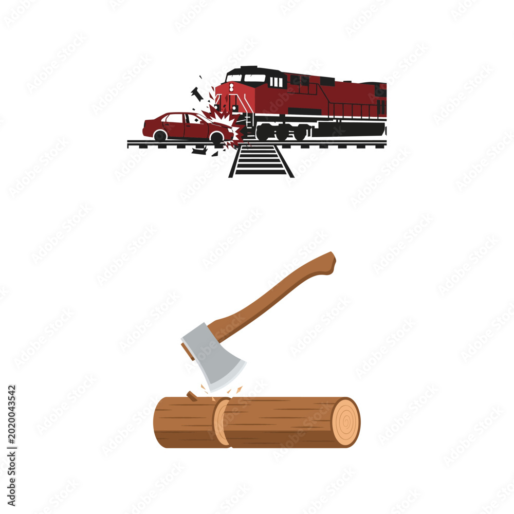 Φωτογραφία Dynamic vector illustrations of a forceful train crash and an axe splitting a lo