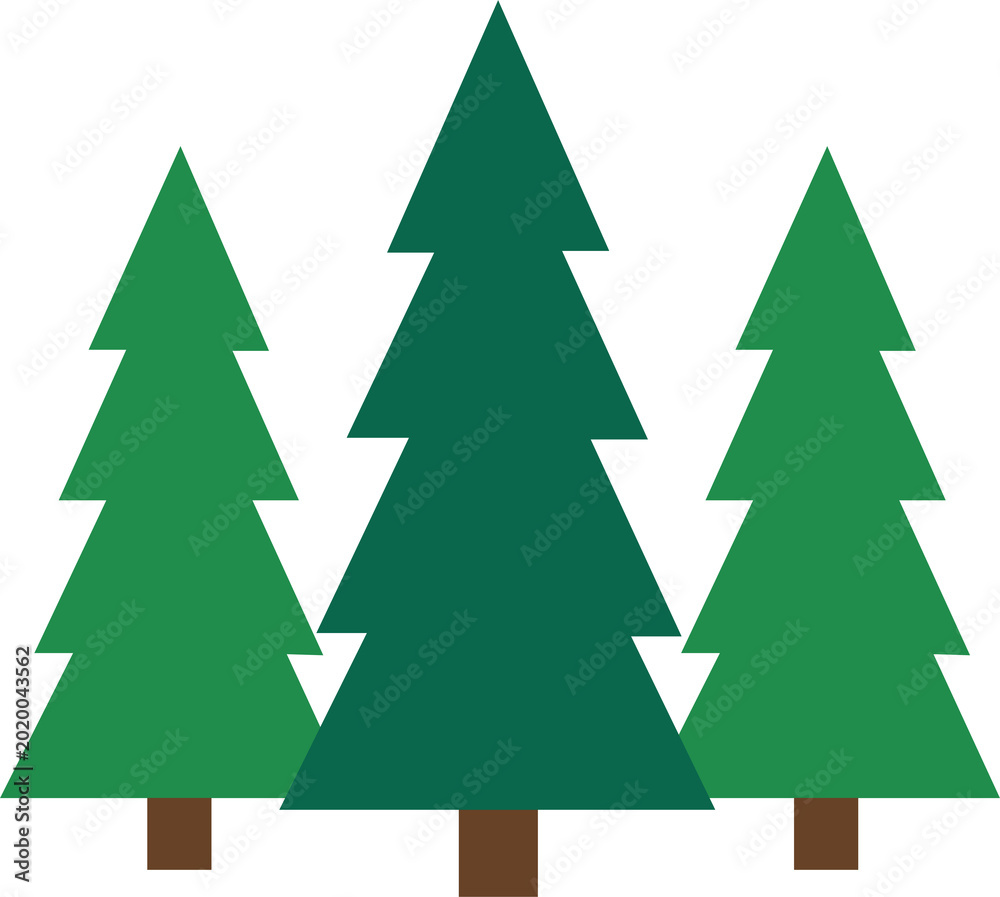 Obraz premium Minimalist Flat Vector Illustration of Three Green Pine Trees in a Forest.