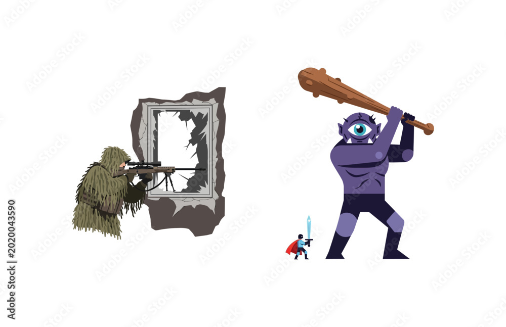 Ταπετσαρία Intense vector scene A sniper observing from a ruined building and a cyclops bat