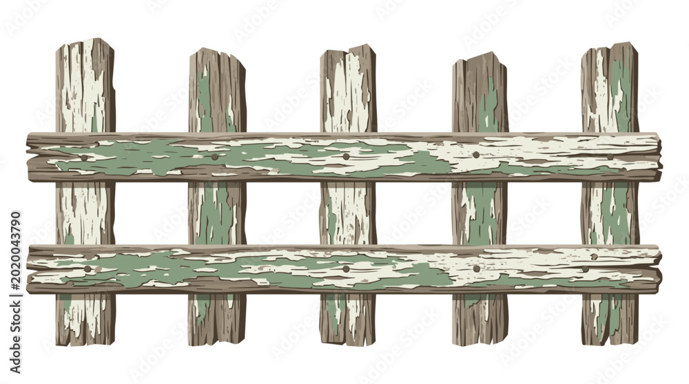 Obraz premium A weathered wooden picket fence displaying layers of peeling green paint on dual horizontal planks stands against a clean white backdrop with a vintage aesthetic.