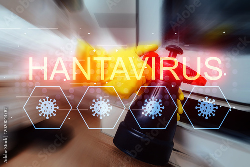 Schilderij op canvas Health warning about hantavirus contamination during cleaning in a kitchen setti