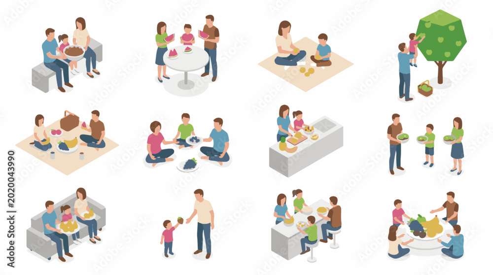 Fototapeta premium Collection of Isometric Illustrations of Families Enjoying Diverse Fruits in Domestic and Outdoor Settings