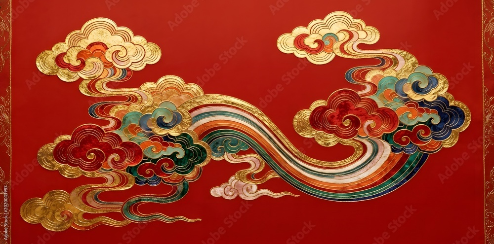 Fototapeta premium Traditional red background with golden oriental clouds and ribbon
