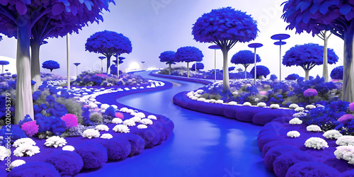Surreal Blue Landscape with Winding River and Spherical Trees fantasy vector illustration