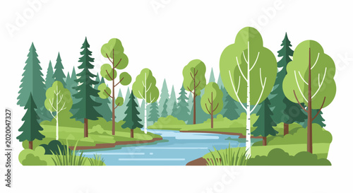 Lush forest scene with a winding river and diverse green trees