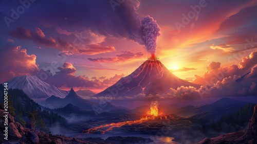 Majestic Volcano Erupting at Sunset with Lava Flow, Dramatic Sky, and Mountain Landscape in Vivid Colors