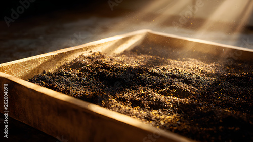 Freshly roasted coffee grounds drying in wooden tray with warm sunlight streaming and dust motes creating cozy artisanal atmosphere