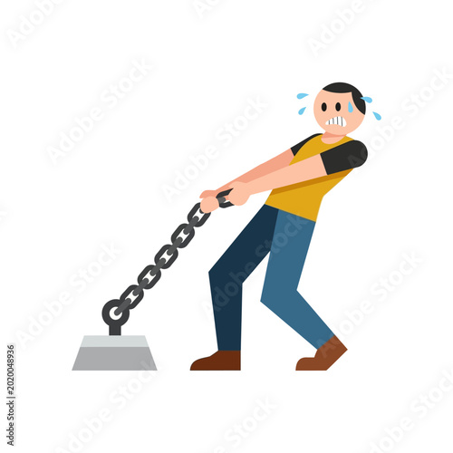 Tableau sur toile Stressed Man Pulling Heavy Burden with Chain, Exerting Effort Vector Graphic