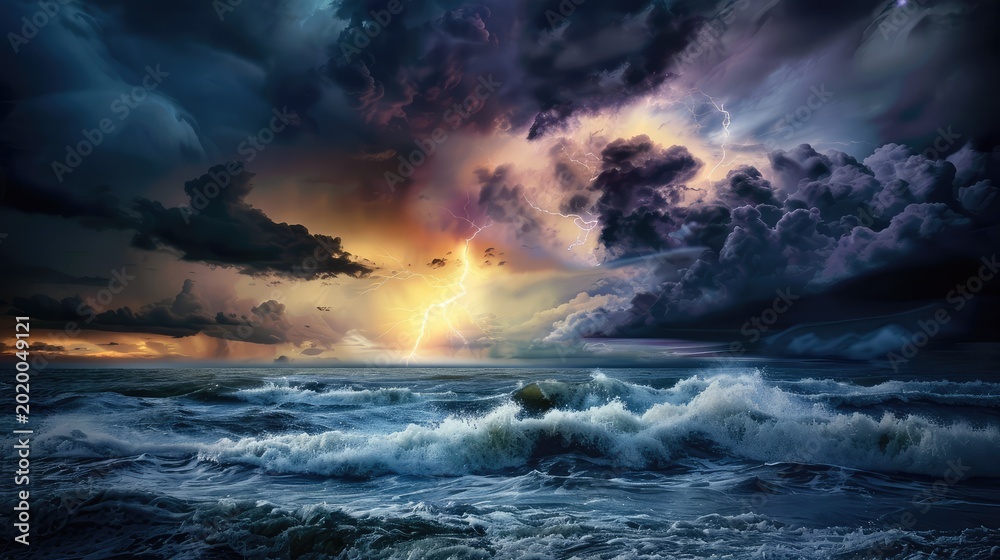 Obraz premium Dramatic Storm Over Ocean with Lightning and Dark Cloudy Sky at Sunset