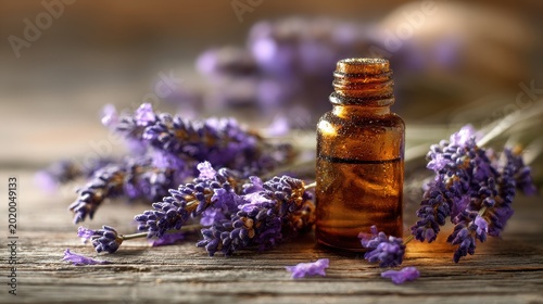 Close-up of lavender sprigs with amber essential oil on rustic wooden table in warm natural light
