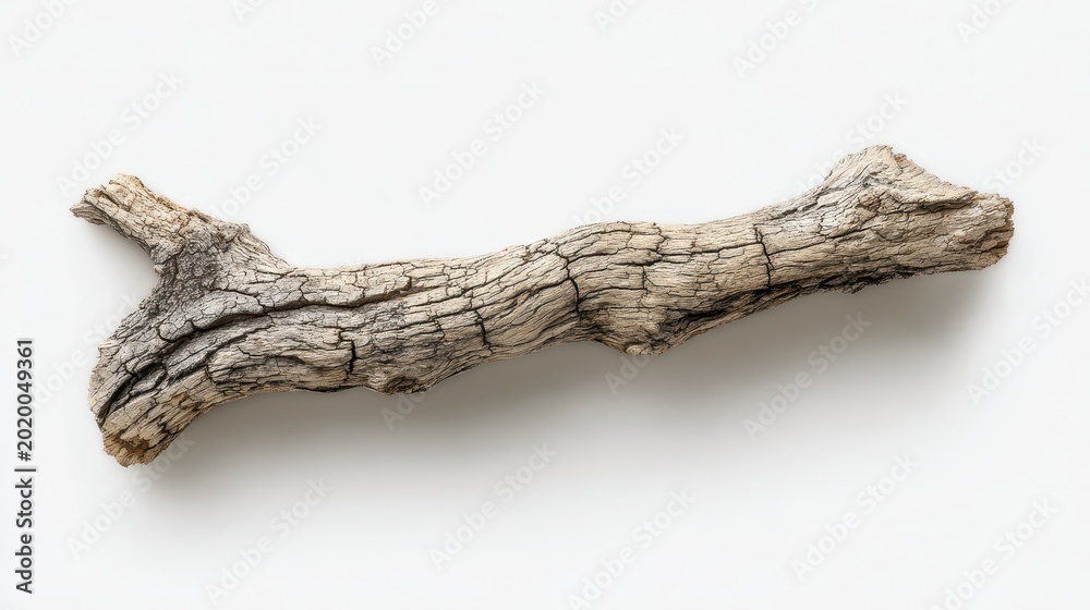 Fototapeta premium Close-up of weathered branch fragment on a clean white backdrop
