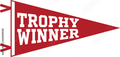 Foto Trophy winner red felt pennant flag vector illustration with varsity style block lettering graphics