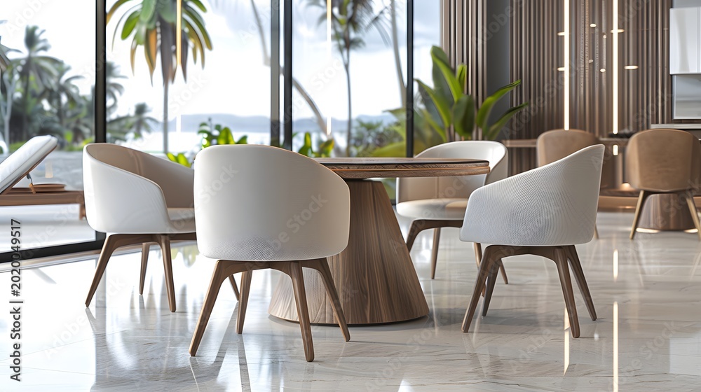 Fototapeta premium Modern dining area with white chairs and wooden round table inside luxury tropical villa with large glass windows overlooking green palm trees
