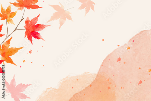 Autumn watercolor maple banner background with Japanese style wash texture and falling leaves