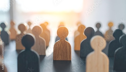 Wooden figures stand in a row, one central and distinct. Sunlight glows softly behind the group