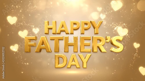 Happy father's day golden 3d text on a glowing background with hearts and particles.