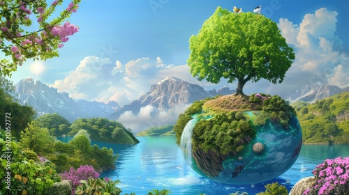 Enchanted Floating Island with Lush Green Trees, Sparkling Water, and Majestic Mountains Under a Bright Blue Sky