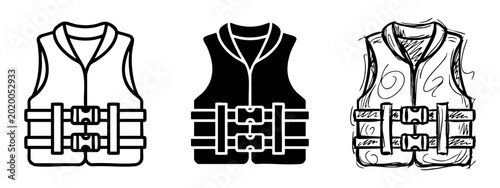 Foto Life jacket icon set: linear, solid, and hand-drawn style life vest vector illus