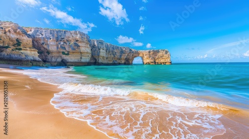 Serene Beach Landscape with Golden Sands and Turquoise Waters Under a Bright Blue Sky