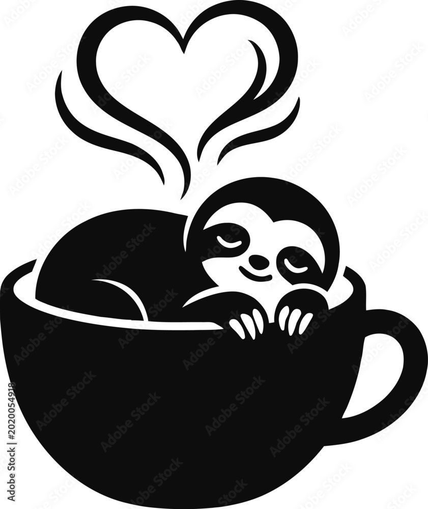 Fototapeta premium Minimalist Sloth Tea Cup Logo with Heart Steam