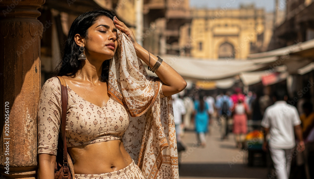 Fototapeta premium Indian Woman Wiping Sweat with Dupatta in Scorching Summer Heat at Traditional Market Street