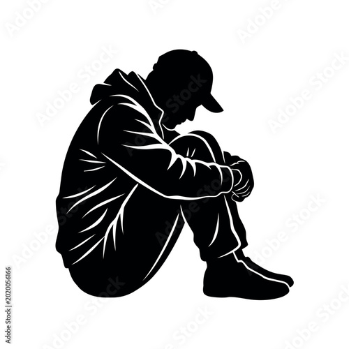 sad man sitting silhuette vector illustration 