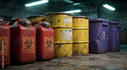 Hazardous Industrial Waste Management with Rusty Biohazard Drums and E waste Bins