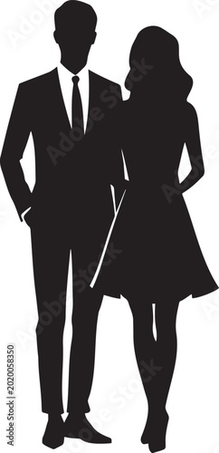Vector illustration of a man and woman in formal clothing, standing together, depicted as silhouettes in a flat style.