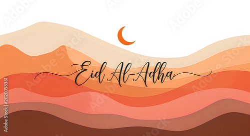 Eid AlAdha celebration with crescent moon over colorful layered landscape design transparent background