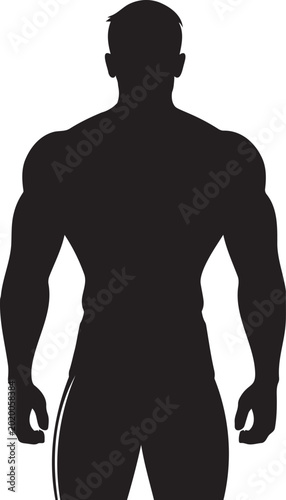 A black silhouette of a muscular man standing with arms relaxed at sides, emphasizing physique and strength, in a flat vector illustration style.