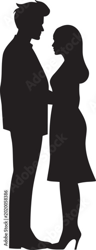 A vector illustration depicting a silhouette of a man and woman facing each other in a romantic stance, set against a plain background.