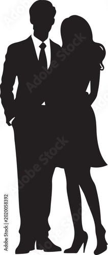 Silhouette of a man and woman dressed formally, standing close together. Minimalist vector illustration in flat style.