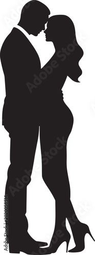 A black and white vector illustration depicting a couple in a romantic embrace, standing close together in a minimalistic flat style.
