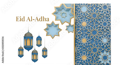 Eid AlAdha celebration with blue lanterns stars and intricate patterns isolated on transparent background transparent background