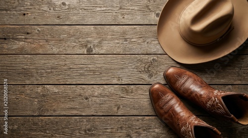 Rustic cowboy boots and hat on a textured wooden background, perfect for western themed designs.