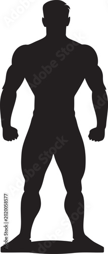 A vector illustration depicting a muscular male silhouette viewed from the front, emphasizing physique and body structure in flat style.