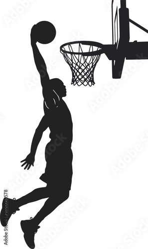 Basketball player performing a slam dunk in a game Silhouette.