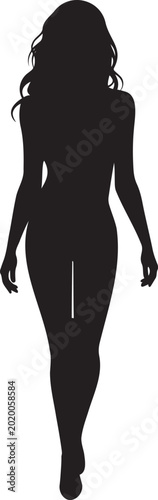 A black silhouette of a woman walking, depicted in a flat vector style with flowing hair and casual clothing.