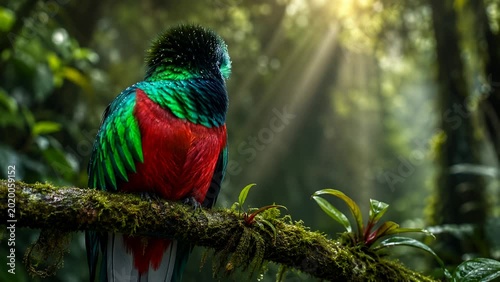 Resplendent Quetzal Macro Portrait in Misty Cloud Forest, Iridescent Emerald and Crimson Plumage for Eco Tourism, Nature Documentary and Vibrant Brand Visuals