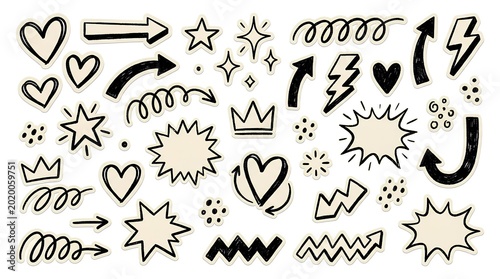 Hand-drawn doodle sticker collection, cream beige cutout sticker shapes with bold black marker outlines