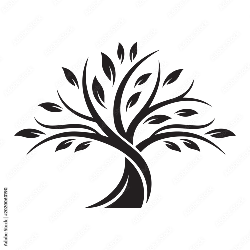Αυτοκόλλητο Black stylized tree vector silhouette with curved branches and leaves