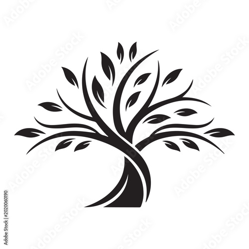 Fotografie Black stylized tree vector silhouette with curved branches and leaves