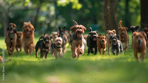 Symphony of Paws: Energetic Dogs Racing Across Verdant Fields