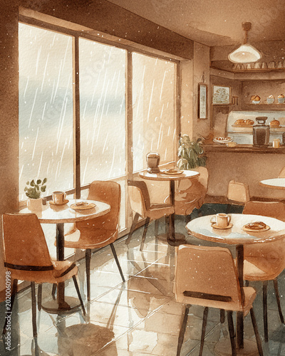 Cozy Cafe Interior with Rainy Window, Warm Lighting, and Inviting Atmosphere for Relaxation and Comfort
