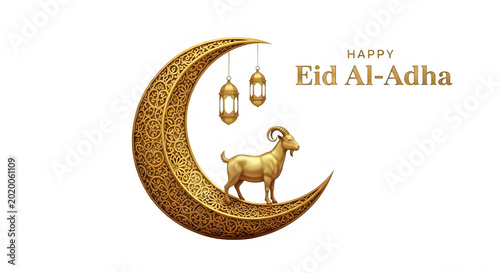 Golden crescent moon with lanterns goat and happy Eid AlAdha text isolated transparent background