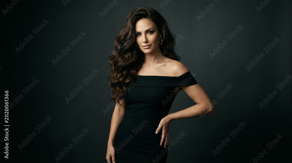 Naklejka premium Portrait of Elegant Woman in Off shoulder Black Dress