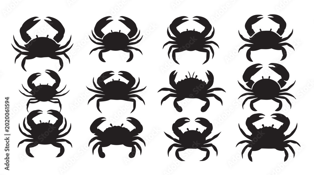 Fototapeta premium Crab silhouettes arranged in rows against a white background symbolizing ocean life and seafood industry