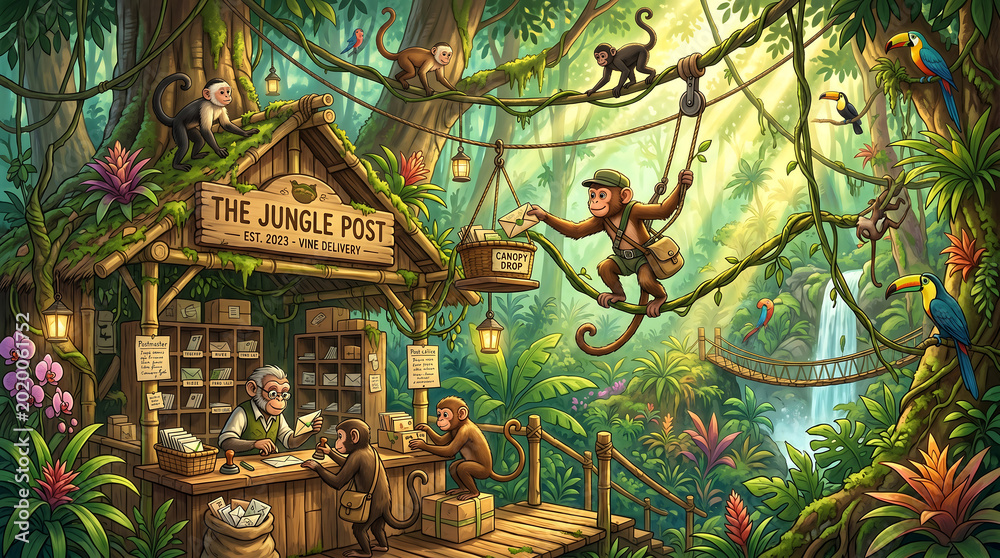 Obraz premium Monkeys in a vibrant jungle scene at a post office ai generated